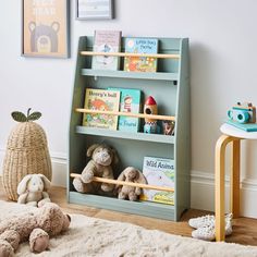 a child's bookshelf with stuffed animals and toys on the floor next to it