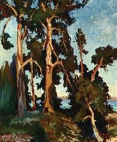 a painting of some trees by the water