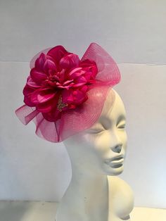 "Flower Fascinator- Kentucky Oats- Ladies Hat- Hydrangea Flower- Wedding- Derby- Spring Headband- NYC Derby- Polo Match Hello, This horse hair netting/ fascinator has a dahlia center and scattered hydrangea petals on the back of the netting. Netting 9\" wide- Flower 6\" wide A 1\" rhinestone butterfly accents the flower. (It's not really horse hair, but in the 1800's it was woven from horse hair and the name stuck) It's on a skinny 1/8\" matching satin covered headband that is adjustable to fit Beret Fascinator, Black Headdress, Circle Hat, Kentucky Oaks, Hydrangea Petals, Flower Headband Wedding, Floral Fascinators, Spring Headband, Rose Fushia