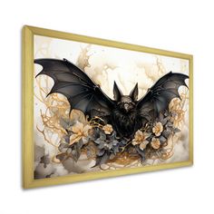 a painting on the wall with a bat in it's wings, surrounded by flowers