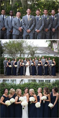 the wedding party is posing for pictures together