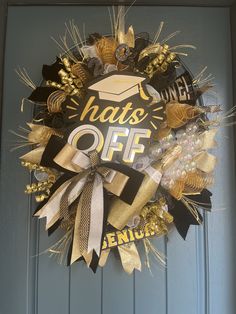 Black and gold universal graduation wreath.  Need a different color combination? Message me for a custom order.  One of a kind, ready to ship Ships in 2-3 days Graduation Wreath, College Grad Party, School Wreaths, Gold Wreath, Gold N, Gift Graduation, Grad Party, Grad Parties, Door Wreath Hanger