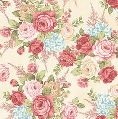 an old fashioned wallpaper with flowers and leaves on white background, including pink roses