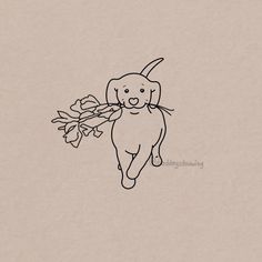 a drawing of a dog with flowers in its mouth