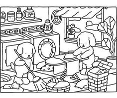 a black and white drawing of two children playing in the kitchen with an oven, stove top