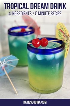 two glasses filled with blue and green liquid