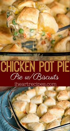 chicken pot pie with biscuits in it and the title above reads chicken pot pie