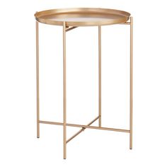 a gold metal side table with a round tray on the top and one section open