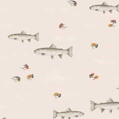 an image of fish and flies in the air on a wallpapered background with neutral colors