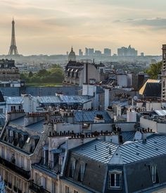 the roofs of buildings in paris, france with the eiffel tower in the background