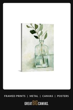 a painting of a plant in a glass vase on a white background with the words framed prints metal canvass / posters great big canvas