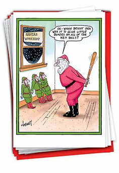 a christmas card with santa holding a baseball bat in it's hand and another cartoon character