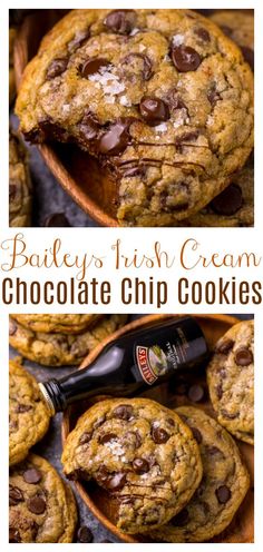 chocolate chip cookies in a wooden bowl with a bottle of bailey's