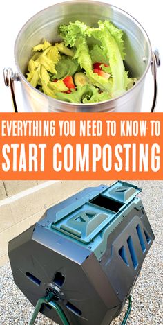 a bucket full of lettuce next to a trash can with the words, everything you need to know to start composting