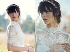 two pictures of a woman wearing a white dress and a gold headpiece with flowers in her hair