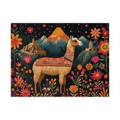 a painting of a llama with mountains in the background and flowers all around it