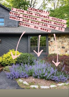 a house with pink letters on it and purple flowers in the front yard, next to a sign that says i love the vibrant color wispy texture