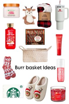 some items that are on top of a white background with the words bur basket ideas