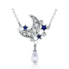 Elegantly crafted, this beautiful crescent moon pendant has multiple design components that make it and extremely stunning piece. The material is made from a durable 925 sterling silver that is adorned in with several cubic zirconia crystals. Surrounding the crescent are silver-bordered stars that have a blue crystal inlay. Adding even more flair to this accessory is the teardrop clear crystals that hang from it. This Innovato Design piece is 2 cm x 3.2 cm in size and comes with a matching silver chain necklace that is 15" long. It also comes with a 2.75" extender chain.  Product Highlights    Made from real 925 sterling silver  Lovely Crescent Moon Pendant Design  Silver chain link necklace included Chain Link Necklace Silver, Magical Jewelry, Star Pendant Necklace, Silver Moon, Moon And Stars, Moon Stars, Moon Star, Sterling Silver Necklace Pendants, Crystal Necklace Pendant