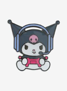 a cartoon cat with headphones and a pink nose sitting on top of a bone