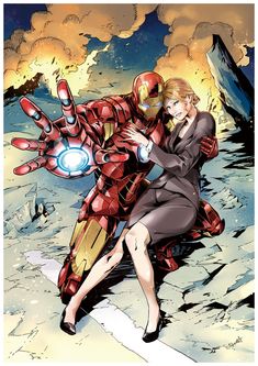 the iron man and woman are hugging in front of an image of fire coming out of their hands