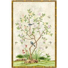 a painting with birds and flowers on the side of a tree in front of a white background