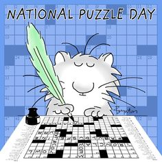 the national puzzle day poster features a cat writing on a piece of paper with a quill pen