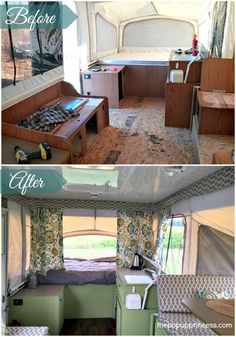 before and after photos of an rv camper's kitchen, living room and bedroom