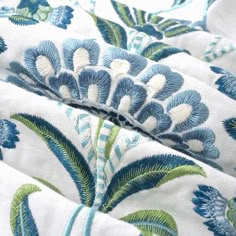 an image of blue and green flowers on white fabric