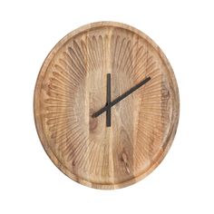 a wooden clock with black hands on a white background