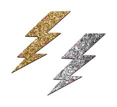 two different colored lightning bolt stickers on a white background with pink and gold glitter