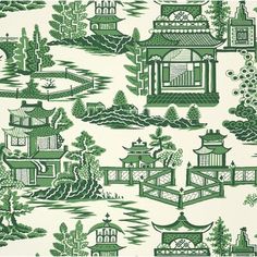 Based on an archival print, Nanjing is a modern take on classic chinoiserie motifs, with stylized trees, pagodas, and fretwork fences. Available as a fabric and a wallcovering. Schumacher Color: Jade | Schumacher Nanjing Wallpaper 27.0 W in Paper in Jade | 27' L X 27" W | Wayfair | Home Decor China Tea House, Stylized Trees, Schumacher Wallpaper, Chinoiserie Motifs, Dappled Light, Chinoiserie Wallpaper, W Wallpaper, Willow Pattern, Nanjing