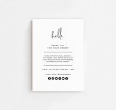 a thank card with the words hello written in cursive writing on it and black ink