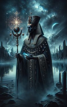 an egyptian pharaoh standing in front of a body of water holding a staff with the moon behind him