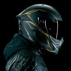 a man wearing a motorcycle helmet and leather jacket in front of a black background with yellow stripes