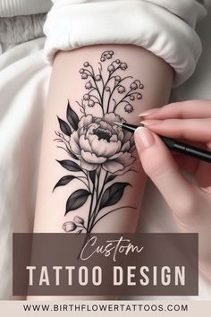 🌸✨Peony and Lily of the Valley Flower Tattoo | Minimalistic November & May Birth Flower Design✨🌹 Rustic Flower Tattoo, Dogwood Flower Tattoo, May Birth Flower Tattoo, Dogwood Flower Tattoos, Peony Flower Tattoos, May Birth Flower, May Birth Flowers, Lily Of The Valley Flowers, Birth Flower Tattoos