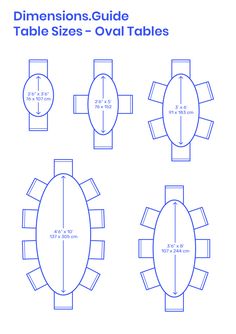 the table sizes and oval tables are shown in three different styles, with measurements for each section