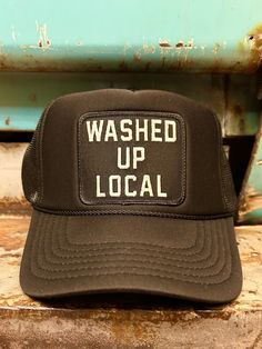 Classic trucker hat Washed Up Local patch Adjustable snap back One size fits most Curved bill Trucker Hat Sayings, Trucker Hat Outfit, Funny Trucker Hat, Yo Momma, Funny Hats, Hat Ideas, Usa Print, Outfits With Hats, Snap Back