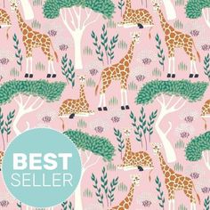 a pink background with giraffes and trees