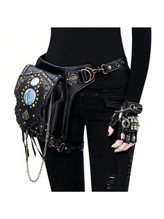 New Fashion Cross-Border STEAMPUNK Style Steam Punk One Shoulder Diagonal Bag For Women Motorcyclist Chain Bag, Multi-Functional PU Leather Waist Bag Black Funky   PU Leather Colorblock,Geometric,Halloween,Plaid,Plain,All Over Print,Textured Pattern Functional Leg Bag   Women Bags, size features are:Bust: ,Length: ,Sleeve Length: Steampunk Waist Bag, Steampunk Mode, Moda Steampunk, Steampunk Bag, Thigh Holster, Mode Steampunk, Holster Bag, Leather Waist Bag, Style Steampunk