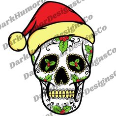 a skull wearing a santa hat with holly leaves