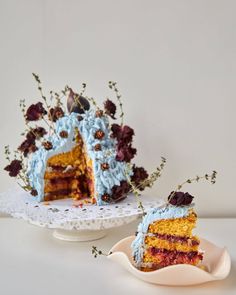 a piece of cake on a plate next to a slice of cake with blue frosting