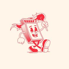 a red and white drawing of a cartoon character holding a toothbrush in his hand