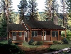 this is a computer rendering of a small cabin style house in the woods with trees around it