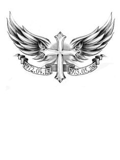 a cross with wings and ribbon tattoo design