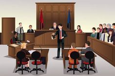 a courtroom scene with people sitting at desks and one man standing in front of the judge