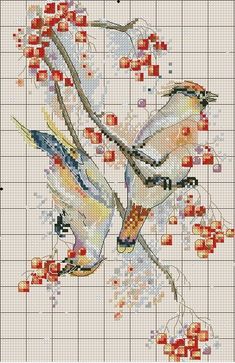 a cross stitch pattern with two birds on the branch and red berries in the background