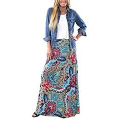 Yinggeli - Falda larga de estampado bohemio para mujer Women's Western Wear Outfits Casual, Spring Boho Outfits, Skirts Plus Size, Long Skirt Casual, Look Boho Chic, Chic Prints, Printed Long Skirt, Mode Hippie, Maxi Outfits