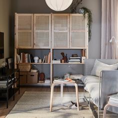 a living room filled with furniture and a book shelf on top of a wooden floor