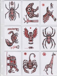 six different designs on white paper with red and black ink in the shape of animals